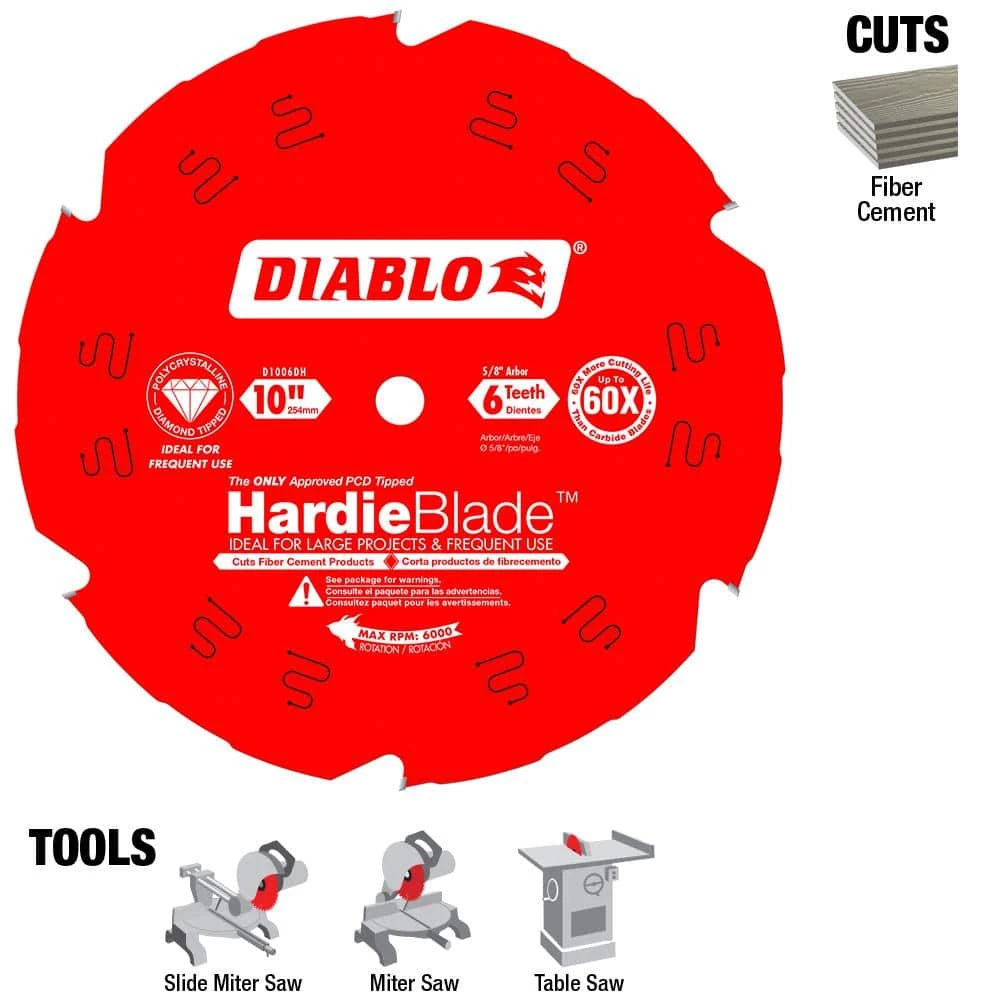 DIABLO HARDIEBlade 10 in. x 6-Tooth Polycrystalline Diamond (PCD) Tipped Fiber Cement Circular Saw Blade 8 DIABLO HARDIEBlade 10 in. x 6-Tooth Polycrystalline Diamond (PCD) Tipped Fiber Cement Circular Saw Blade - Image 6