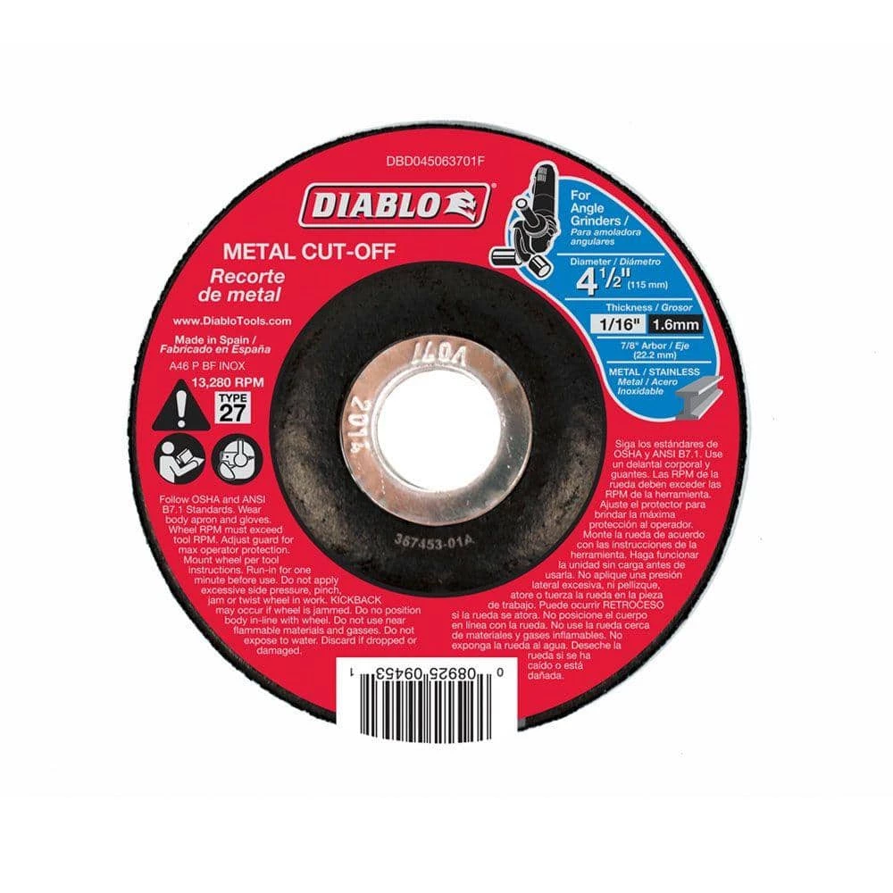 DIABLO 4-1/2 in. x 1/16 in. x 7/8 in. Metal Cut-Off Disc with Type 27 Depressed Center 3 DIABLO 4-1/2 in. x 1/16 in. x 7/8 in. Metal Cut-Off Disc with Type 27 Depressed Center
