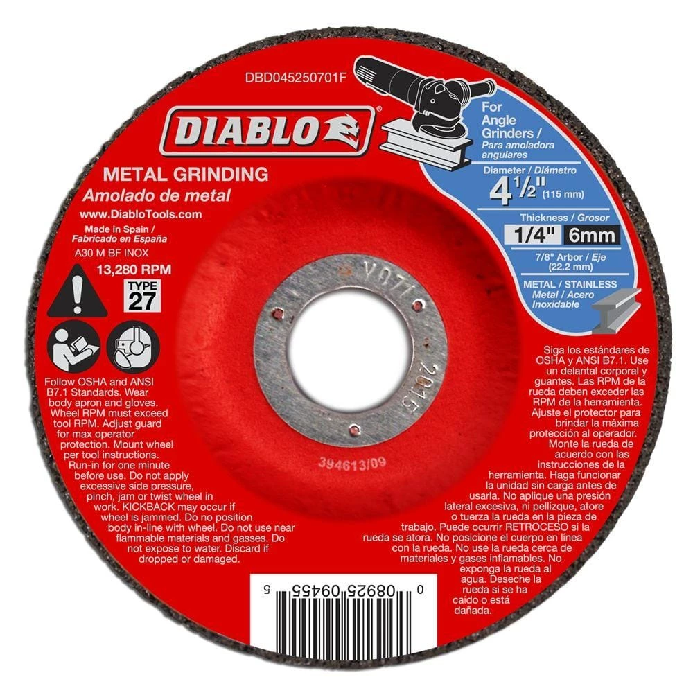 DIABLO 4-1/2 in. x 1/4 in. x 7/8 in. Metal Grinding Disc with Type 27 Depressed Center 3 DIABLO 4-1/2 in. x 1/4 in. x 7/8 in. Metal Grinding Disc with Type 27 Depressed Center