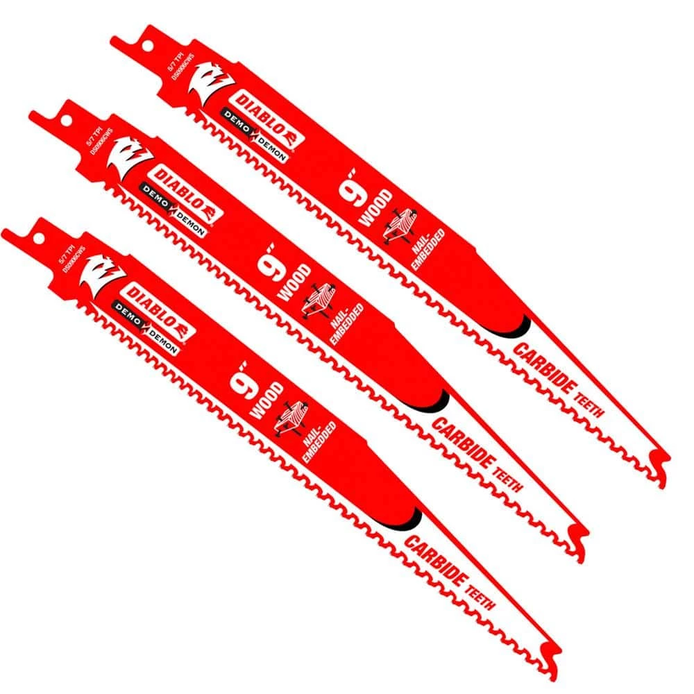 DIABLO 9 in. 5/7 TPI Demo Demon Carbide Reciprocating Saw Blades for Nail-Embedded Wood Cutting (3-Pack) 3 DIABLO 9 in. 5/7 TPI Demo Demon Carbide Reciprocating Saw Blades for Nail-Embedded Wood Cutting (3-Pack)
